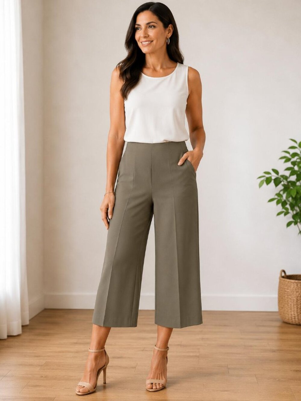 NWT Nine West Cropped Wide Leg High Rise Pants Pintuck Mayfair Brown Size 6